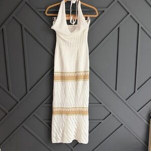 Ramy Brook Cream Halter Maxi Dress with Gold Bands